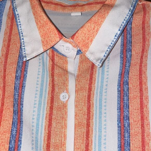 Button-front rounded hem long sleeve shirt size M coral, blue and cream stripes - Picture 5 of 13